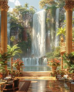 a large waterfall is in the middle of a room with many tables and couches