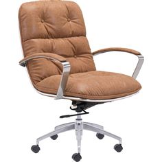 a brown leather office chair with wheels on an isolated white background for use as a desk or computer chair