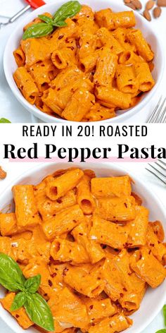 two white bowls filled with red pepper pasta