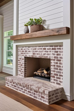 40+ Rustic Shiplap Fireplace Designs for a Warm Home Fireplace Update Ideas Brick, Half Brick Half Shiplap Fireplace, Brick Electric Fireplace Ideas, Shiplap Brick Fireplace, Shiplap Over Brick Fireplace, Shiplap And Stone Fireplace, Farmhouse Living Room With Fireplace, Coastal Fireplace Ideas, Fireplace With Shiplap