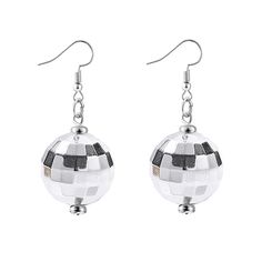 PRICES MAY VARY. Reflective Mirrorball Earrings: Silver disco ball earrings for women feature with refective mirror ball design, the reflective surface can make the disco dangle earrings more shine like a diamond. this reflective disco earrings can make a huge statement with any outfit or costume. Quality Disco Ball Earrings: This silver disco earrings for women are made of high quality alloy material, not easy to deform, compact and lightweight, provide you a comfortable wearing experience. Dis Adjustable Metal Plug Earrings For Party, Nickel-free Round Earrings For Party, Retro Round Earrings For Party, Nickel Free Round Earrings For Party, Retro Party Earrings, Metal Round Plug Earrings For Party, Round Metal Plug Earrings For Party, Retro Dangle Jewelry For Party, Retro Metal Earrings For Party