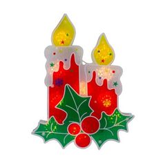 two lit candles with holly leaves and lights on them, one is red and the other is green