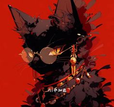 a black cat with glasses and some chains on it's neck, standing in front of a red background