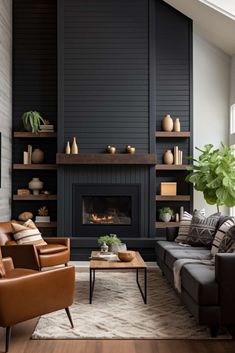 a living room filled with furniture and a fire place next to a wall mounted fireplace