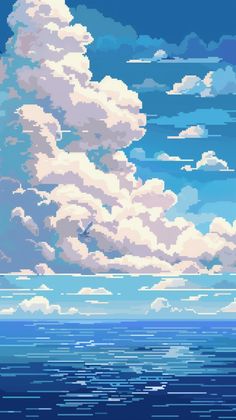 the sky is filled with fluffy clouds and blue water, as well as an airplane in the distance