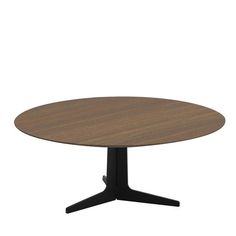 a round wooden table with black legs on an isolated white background, viewed from the front