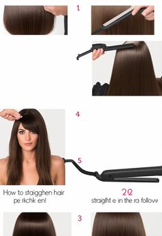 A step-by-step visual showing how to straighten hair perfectly. The first image shows a woman with slightly wavy hair, the second image shows her using a flat iron, and the final image showcases her with smooth, straight hair. Each step includes simple, easy-to-follow instructions." Straighten Hair, Wavy Hair, Hair Straightener