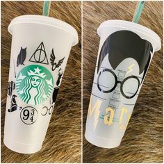 two starbucks cups with harry potter designs on them