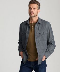 Cool weather calls for our best, coziest layers to stay warm and look great. This fall-ready overshirt is sure to be your new favorite when temps drop. The comfortable cotton-blend fabric features an irresistible texture that’s perfect for cool outdoor adventures and chilly commutes alike. Wear it over a classic untucked button-down for a relaxed yet sharp look this season and beyond. Cotton Top With Spread Collar For Fall, Fall Casual Tops With Spread Collar, Fitted Tops With Spread Collar For Casual Gatherings, Fall Shirt For Casual Gatherings With Spread Collar, Fall Spread Collar Shirt For Casual Gatherings, Casual Fall Tops With Spread Collar, Flannel Men, Cool Weather, Polo Tees