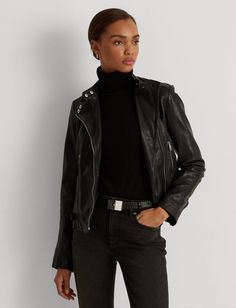 Looking cool in this lambskin leather biker jacket! Leather Jacket With Rivets Long Sleeve, Leather Jacket With Rivets, Leather Biker Jacket With Rivets, Chic Long Sleeve Biker Jacket With Belt Loops, Biker Leather Outerwear With Rivets, Fall Leather Biker Jacket With Rivets, Leather Biker Jacket With Rivets For Fall, Winter Leather Jacket With Metal Zipper For Work, Long Sleeve Workwear Outerwear With Rivets