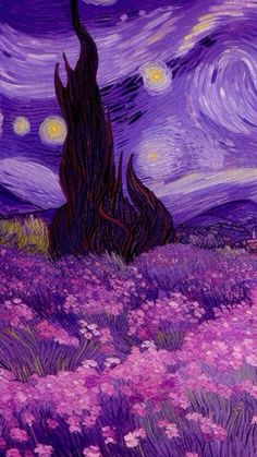 a painting of a field with purple flowers and stars in the night sky above it