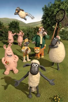 several cartoon sheep standing in the grass with one holding an apple and two birds flying above them