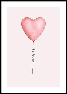 a pink heart shaped balloon with the word love on it's tail, in black frame