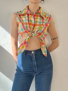 "- Vintage 1970s Fritzy plaid tie up crop top - Feels like a cotton blend - Small  Bust: 20\" Length: 14\"" Tie Up Crop Top, Academia Style, Plaid Tie, Small Crop Tops, Cropped Tops, Wool Plaid, Small Bust, Vintage 1970s, Tube Top