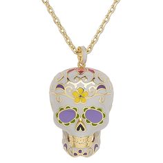 This necklace, featuring a striking skull pendant with flower and swirl design, is perfect for both men and women. The skull is decorated in the style of a vividly painted sugar skull to honor the deceased in celebration of the Mexican holiday Dia de los Muertos (Day of the Dead). Colors can include grey, yellow, purple and more. Sugar Skull Necklace, Avant Garde Jewelry, Mexican Holiday, Skull Necklace, Skull Pendant, Swirl Design, Yellow Purple, Sugar Skull, Lobster Claw