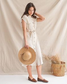 Timeless and feminine, this vintage inspired light oat colored linen blend shirt dress features front bodice pockets, functional buttons down the front, matching self sash, and hidden side pockets. A perfect go-to everyday dress for those on the go. 70% Viscose, 30% Linen Hand Wash Cold / Line Dry Imported Fit Notes &a Sage Green Floral, Everyday Dress, 90s Inspired, Lighting Inspiration, Sweet Dress, Everyday Dresses, Midi Dress Sleeveless, Linen Shirt, Dress Patterns