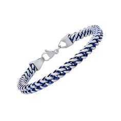 This Mens Stainless Steel and Blue IP foxtail link bracelet is a bold addition to your Jewelry collection. Featuring a square Foxtail design, blue IP plating with a brush finish all around, sturdy terminals, and a lobster clasp, this piece offers a unique alternative from your daily jewelry ensemble. A unique blend of weight, durability, and fashion, makes this an ideal choice for any occasion, whether thats dressing up for a night out, or for a regular day at work, you can wear this with confid Blue Bracelets With Stainless Steel Clasp As A Gift, Blue Jewelry With Stainless Steel Clasp For Gift, Adjustable Blue Chain Bracelet, Adjustable Blue Jubilee Chain Bracelet, Modern Blue Jewelry With Stainless Steel Clasp, Blue Metal Bracelet With Lobster Clasp, Blue Stainless Steel Chain Jewelry, Blue Chain Link Metal Jewelry, Adjustable Blue Metal Chain Bracelet