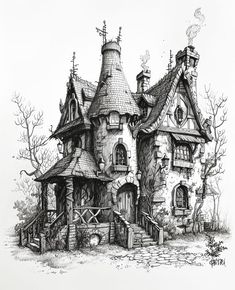 a drawing of a house in the woods