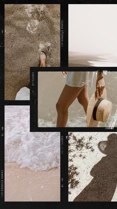 four different images of the same person walking on the beach with their feet in the water