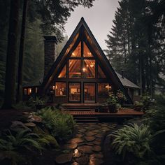 a cabin in the woods with lights on