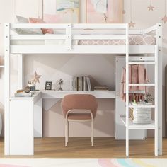 a white loft bed sitting next to a desk and chair in a child's room