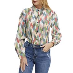 Retro Pastel Long Sleeve Blouse + Chiffon, Fabric has slight stretch. 95% Polyester and 5% Spandex+ Long Sleeve, Elegant hem, Mock neck, Button up, Fashion design for women+ Suitable for many occasions like Spring, Summer and Fall Daily Wear, Home, Work, Casual, Vacation, Party + Model is 5'8.9"/175cm(B:34.65"/88cm, W:25.2"/64cm, H:37.4"/95cm) and wearing a size Small; + Designed to have a regular fit+ Care instructions: Do not bleach; Machine wash: cold (max 30℃ or 85F); Do not iron; Tumble dry Trendy Stretch Blouse For Office, Multicolor Collared Top With Buttons, Multicolor Collar Top With Buttons, Office Blouse With Button Closure And Stretch Fit, Stretch Blouse With Button Closure For Office, Trendy Blouse With Collar And Buttons, Stretch Button-up Office Top, Casual Office Blouse With Stretch, Casual Stretch Blouse For Office