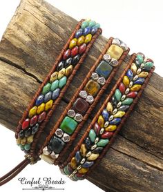 BEADED LEATHER WRAP Bracelet-Picasso Superduos-Boho Leather Friendship Embroidery, Mediterranean Jewelry, Friendship Bracelets Ideas, Necklaces Ideas, Bracelets Ideas, Embroidery Bracelets, Wrap Bracelets