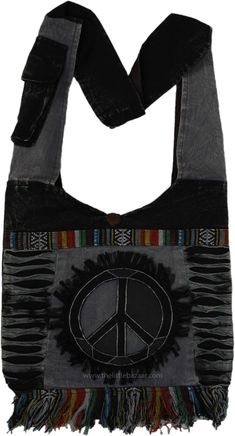 A true hippie peace bag in witchy black looks, handmade with a zipper and a button on top, a small zipper pocket inside and a cell phone pocket on the strap. The accentuation with colorful striped dari fabric pattern looks very unique, and so does the razor cut pattern and the frills around the peace sign. #tlb #vacationclothing #bohogift #bohemianfashion #Handmade #HippiePeaceBag Black Shoulder Bag With Cell Phone Pocket For Festivals, Bohemian Black Shoulder Bag With Cell Phone Pocket, Witchy Hippie Aesthetic, Hippie Shoulder Bag For Daily Use, Cheap Hippie Shoulder Bag, Hippie Purse Hippie Shop, Hippie Handmade Festival Shoulder Bag, Handmade Hippie Crossbody Shoulder Bag, Witchy Wardrobe