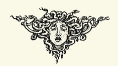 an artistic drawing of a woman's face with snakes around her head, vintage line drawing or engraving