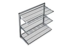 three tiered metal shelf on white background