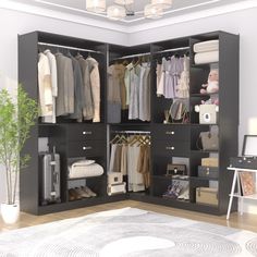 an open closet with clothes, shoes and other items on it in a room next to a rug