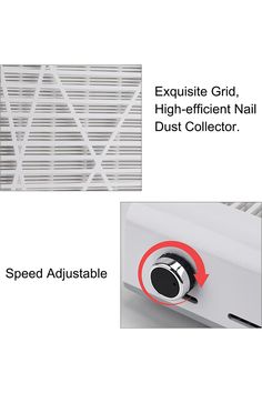 an image of a white air filter with the words exhaust grid, high - efficient nail dust collector and speed adjustableable