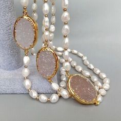 Premium Quality 3 Strands Cultured White Baroque Pearl Oval Quartz Druzy Necklace20 , Jewelry Elegant Oval Pendant Necklace With Natural Stones, Elegant Necklaces With Oval Natural Stones, Elegant Jewelry With Oval Natural Stones, Formal Adjustable Oval Necklace, Formal Adjustable Necklace, Natural Stones Necklace With Oval Cabochon, Elegant Adjustable Oval Pendant Necklace, Oval Single Strand Pearl Necklace As A Gift, Gold Jewelry With Natural Oval Beads