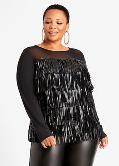 Flirty fringe front makes this plus size top with a mix of faux leather and mesh a statement fashion piece. Fringe Tops For Fall Party, Fall Party Tops With Fringe Details, Fall Party Tops With Fringe, Chic Fringe Tops For Fall, Statement Fashion Pieces, Plus Size Crop Tops, Tops Trendy, Statement Fashion, Ashley Stewart