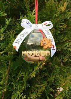 a christmas ornament hanging from a tree with a dog and name on it