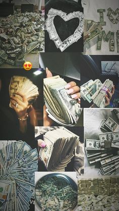 the collage shows many different pictures with money in them, including one heart and two hands