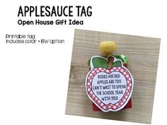 an apple shaped gift tag with the words applesauce tag open house gift idea