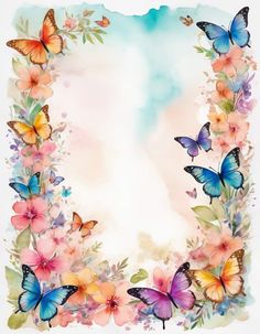 a watercolor painting with butterflies and flowers