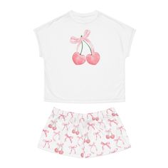 We are loving our latest pink bow coquette pajama set! These cute balletcore pajamas are so great as gifts or everyday! They would even be great for bridesmaids or a bachelorette party! D E T A I L S * Material: 95% polyester, 5% spandex * Relaxed fit S I Z I N G * Sizing runs true to size * Please see size guide in last listing photo for all measurements and information S H I P P I N G * T I M E S * Our items are individually made with love for each of our buyers. Processing time is 2-5 busines Cheap Pink Cotton Pajama Shorts, Cheap White Pajama Shorts For Sleepover, Cheap Pink Summer Sleepwear, Cheap Pink Women's Sleepwear, Cheap Pink Spring Sleepwear, Cheap Pink Floral Print Sleepwear, Cheap Pink Short Sleepwear, Cheap White Sleepwear With Graphic Print, Cheap Pink Sleepwear For Bedtime