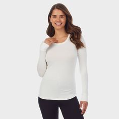 The ideal layer for everyday wear, Smooth Stretch provides warmth without the added bulk. Luxuriously soft to the touch, it is perfect for layering in any season. Made with spandex to effortlessly stretch with you for all day comfort. This long sleeve top features a modern scoop neck and shirttail hem. Winter White Tops For Spring Layering, Winter White Tops For Layering, Off White Tops For Layering In Fall, Off White Tops For Fall Layering, Versatile Cream Tops For Layering, Off White Long Sleeve Everyday Tops, Off White Long Sleeve Tops For Everyday, Cuddle Duds, Layered Fits