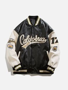 Aelfric Eden "California" PU Stitching Varsity Jacket Leather Baseball Jacket, Mode Hip Hop, Casual Leather Jacket, Pilot Jacket, Baseball Outfit