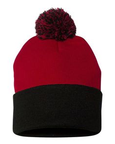 Pom-Pom 12" Knit Beanie - RED/ BLACK - ONE SIZE | Sportsman Pom-Pom 12" Knit Beanie Hat in Red/Black | Acrylic Black Winter Hat, Winter Gear, Winter Hats Beanie, Winter Beanie, Knit Beanie Hat, Knit Cap, Pom Pom Hat, Pom Beanie, Leather Patches