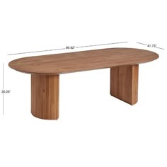 an oval wooden table with measurements for the top and bottom section, including one end