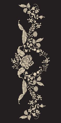 a black and white drawing of flowers on a dark background