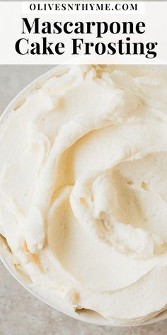 a close up of a cake frosting in a bowl with the text overlay