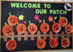 a welcome to our patch sign with pumpkins painted on it and the words, welcome to our patch