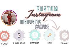 the words custom instagramn highlights covers are shown in different colors and sizes, including red