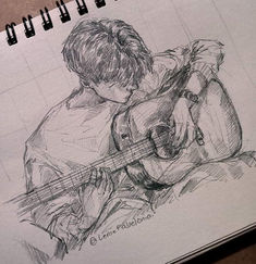 a pencil drawing of a man playing the guitar with his head resting on his knees