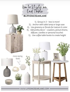 an info sheet with the text how to style an end table in white and wood