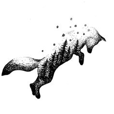 a black and white drawing of a fox jumping in the air with bubbles coming out of its mouth